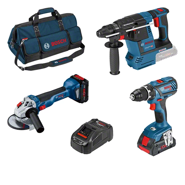 Combi-kit 3 outils 18V : GSR + GWS + GBH + 2 batteries ProCORE18V (1 de 4,0 Ah + 1 de 8,0 Ah) + chargeur GAL + sac à outils BOSCH (0 615 990 M3C)