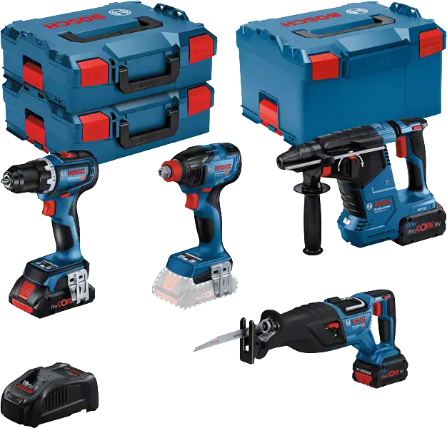 Combi-kit 4 outils 18V : GSR 18V-90C + GDX 18V-210C + GBH 18V-24C + GSA 18V-28 + 1 batterie 4,0 Ah (ProCORE) + 2 batteries 5,5 Ah (ProCORE) + GAL 1880CV (L)BOSCH (0 615 990 N37)