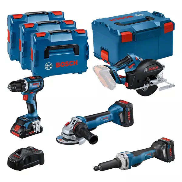 Combi-kit 4 outils 18V : GSR 18V-90C + GWS 18V-15 PSC + GKM 18V-50 + GGS 18V-23 PLC + 1 batterie 4,0 Ah (ProCORE) + 2 batteries 5,5 Ah (ProCORE) + GAL 1880CV (L)BOSCH (0 615 990 N3A)